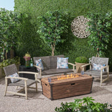Outdoor 3 Piece Wood and Wicker Chat Set with Fire Pit - NH518703