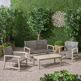 Outdoor 4 Piece Wood and Wicker Chat Set - NH861803