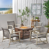 Outdoor 4 Piece Wood and Wicker Club Chair Set with Fire Pit - NH818703