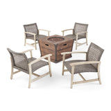 Outdoor 4 Piece Wood and Wicker Club Chair Set with Fire Pit - NH818703