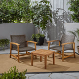 Outdoor 3 Piece Wood and Wicker Club Chairs and Side Table Set - NH541803