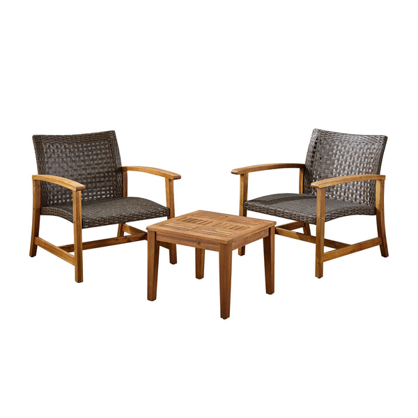 Outdoor 3 Piece Wood and Wicker Club Chairs and Side Table Set - NH541803