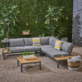 Outdoor Aluminum and Wood V-Shaped Sofa Set with Cushions - NH464603