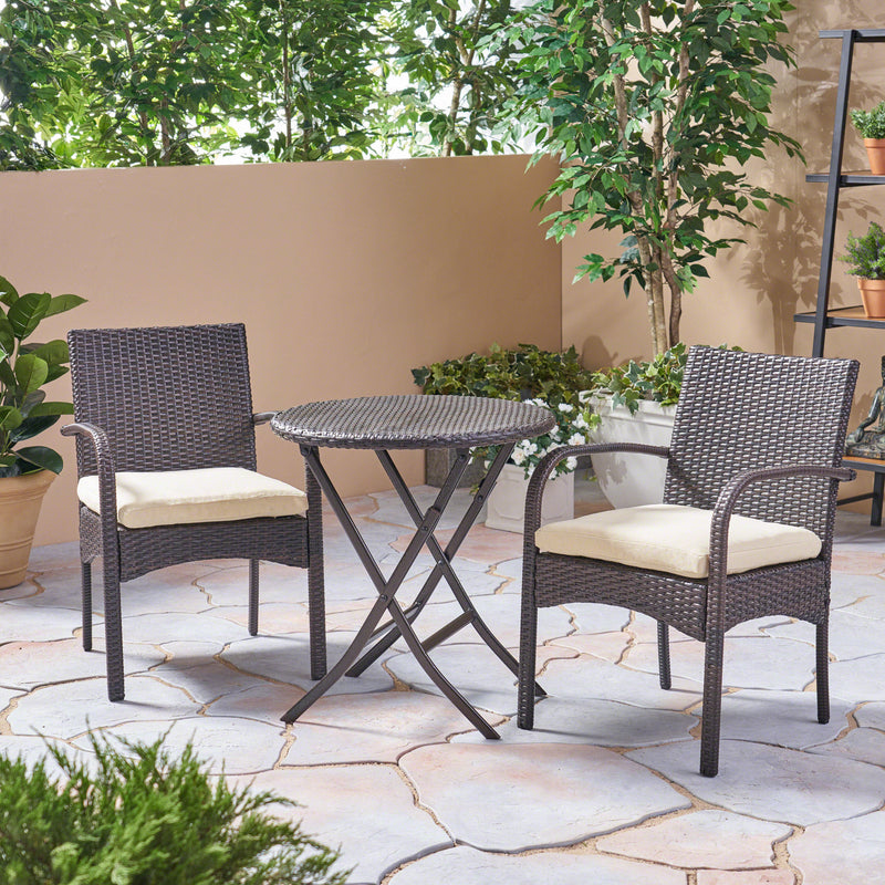 Outdoor 3 Piece Wicker Bistro Set, Multi Brown with Cream Cushion - NH299403