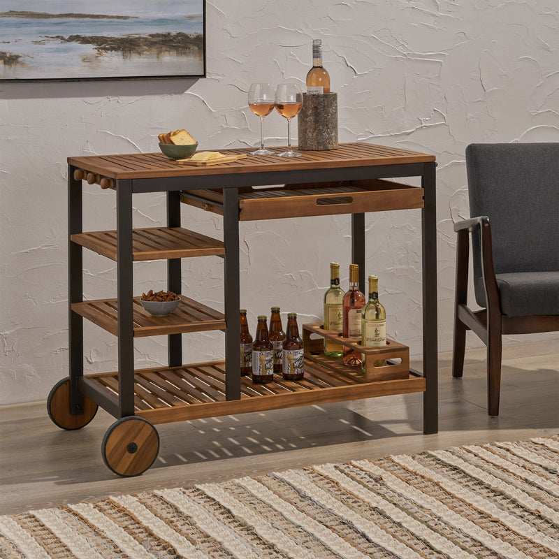 Indoor Wood and Iron Bar Cart with Drawers and Wine Bottle Holders - NH558803