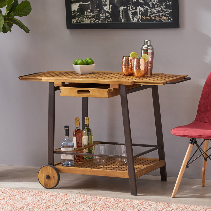 Indoor Acacia Wood Bar Cart with Reversible Drawers Adjustable Tray Top and Wine Bottle Holders - NH758803