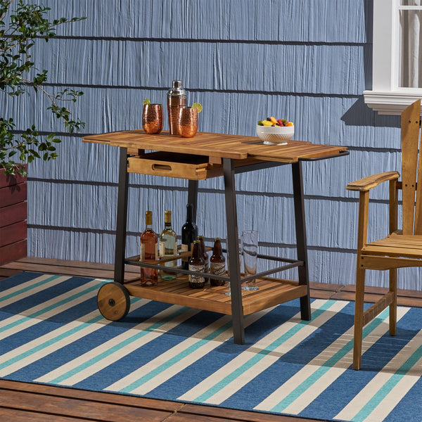 Outdoor Wood and Iron Bar Cart with Tray Top and Bottle Holders - NH858803