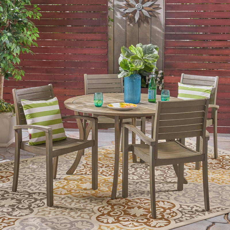 Outdoor Rustic 5 Piece Round Acacia Wood Dining Set with Slats - NH294603