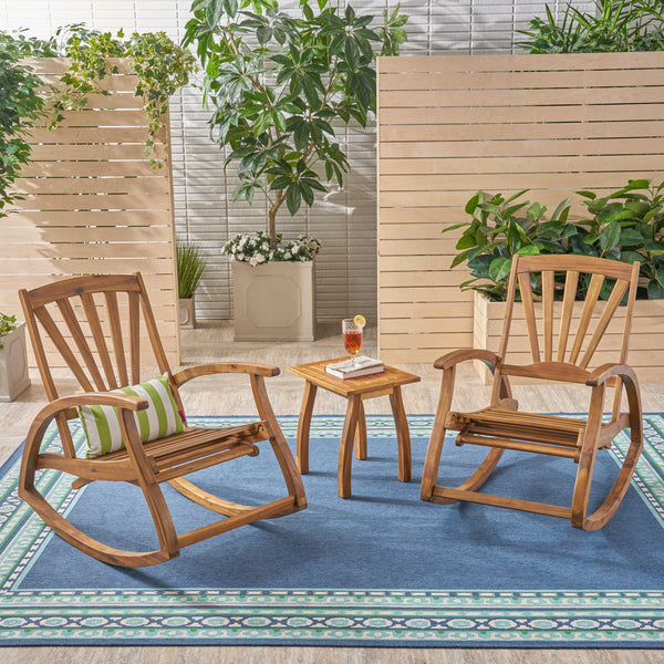 Outdoor Rustic Acacia Wood Recliner Rocking Chair with Side Table - NH449603