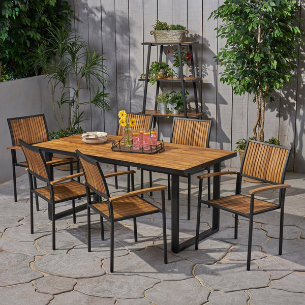 Outdoor 6 Seater Acacia Wood Dining Set with an Iron Frame - NH217903