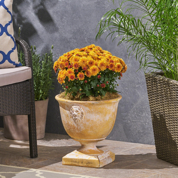 Garden Urn Planter, Roman, Lionhead Accents, Lightweight Concrete - NH474703