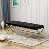 Cushioned Bench, Velvet, Gold Chrome Iron Cross Legs, Glam, Button-Tufted - NH924703