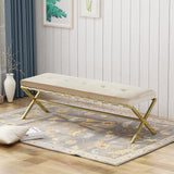 Cushioned Bench, Velvet, Gold Chrome Iron Cross Legs, Glam, Button-Tufted - NH924703