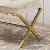 Cushioned Bench, Velvet, Gold Chrome Iron Cross Legs, Glam, Button-Tufted - NH924703