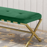 Cushioned Bench, Velvet, Gold Chrome Iron Cross Legs, Glam, Button-Tufted - NH924703