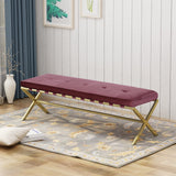 Cushioned Bench, Velvet, Gold Chrome Iron Cross Legs, Glam, Button-Tufted - NH924703