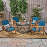 Outdoor 4-Seater Acacia Wood Club Chairs with Firepit, Brown Patina Finish and Cream and Stone - NH780603