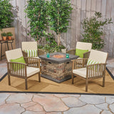 Outdoor 4-Seater Acacia Wood Club Chairs with Firepit, Brown Patina Finish and Cream and Stone - NH780603