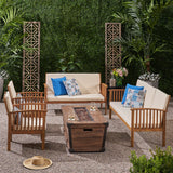 Outdoor 4 Piece Acacia Wood Conversational Set with Cushions and Fire Pit - NH528703