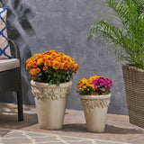 Garden Planter Pots, Lipped Edges, Tapered, Botanical Accents (Set of 2) - NH634703