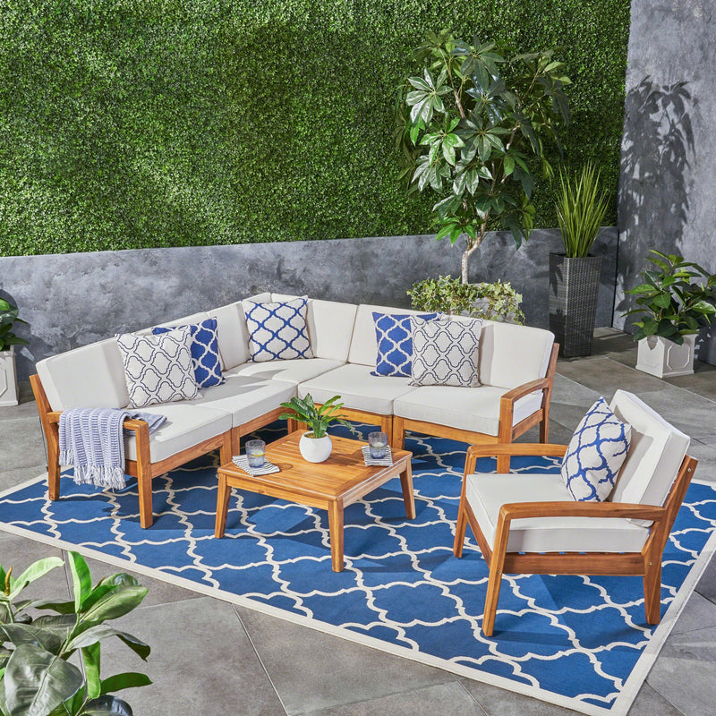 Outdoor Acacia Wood 6 Seater Sectional Sofa and Club Chair Set with Coffee Table - NH345603