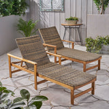 Outdoor Rustic Acacia Wood Chaise Lounge with Wicker Seating - NH609603