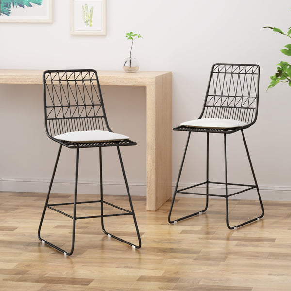 Counter Stools, 26" Seats, Modern, Geometric,  Black Iron Frames with Ivory Cushion (Set of 2) - NH406703