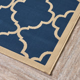 Outdoor Modern Navy Blue Area Rug with Ivory Quatrefoil Pattern - NH209403