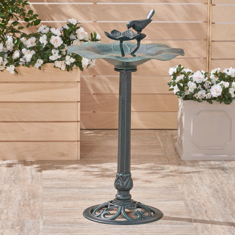 Outdoor Aluminum and Iron Bird Bath, Antique Green - NH263503