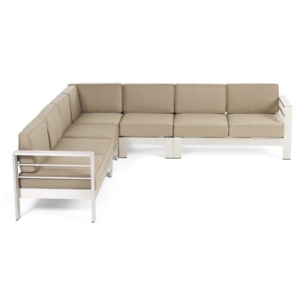 Outdoor 7-Seater Aluminum Sectional Sofa Set, Silver and Khaki - NH005603