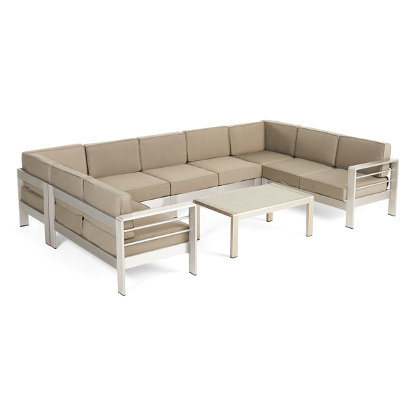 Outdoor 9-Seater Aluminum Sectional Sofa Set with Coffee Table, Silver and Khaki - NH105603