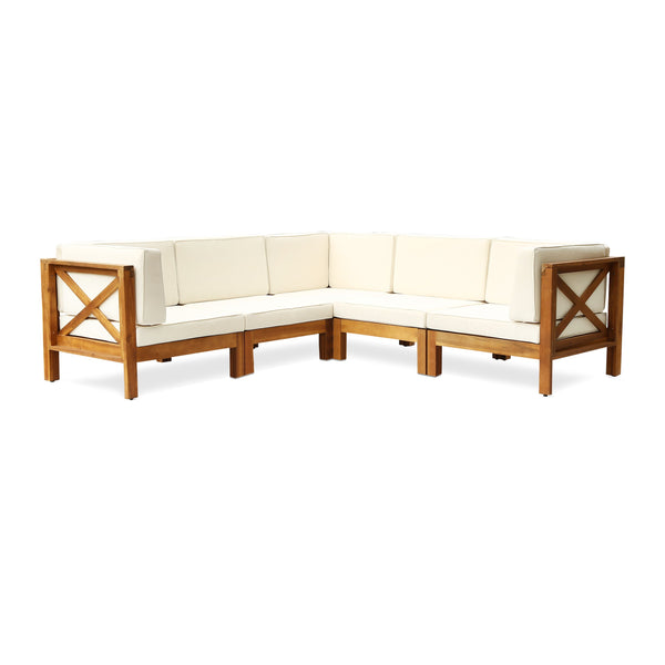 Outdoor Acacia Wood 5 Seater Sectional Sofa Set with Water-Resistant Cushions - NH807603