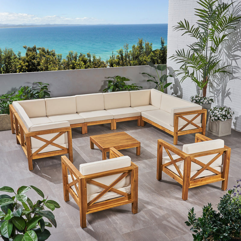 Outdoor 11 Seater Acacia Wood Sectional Sofa and Club Chair Set - NH044803