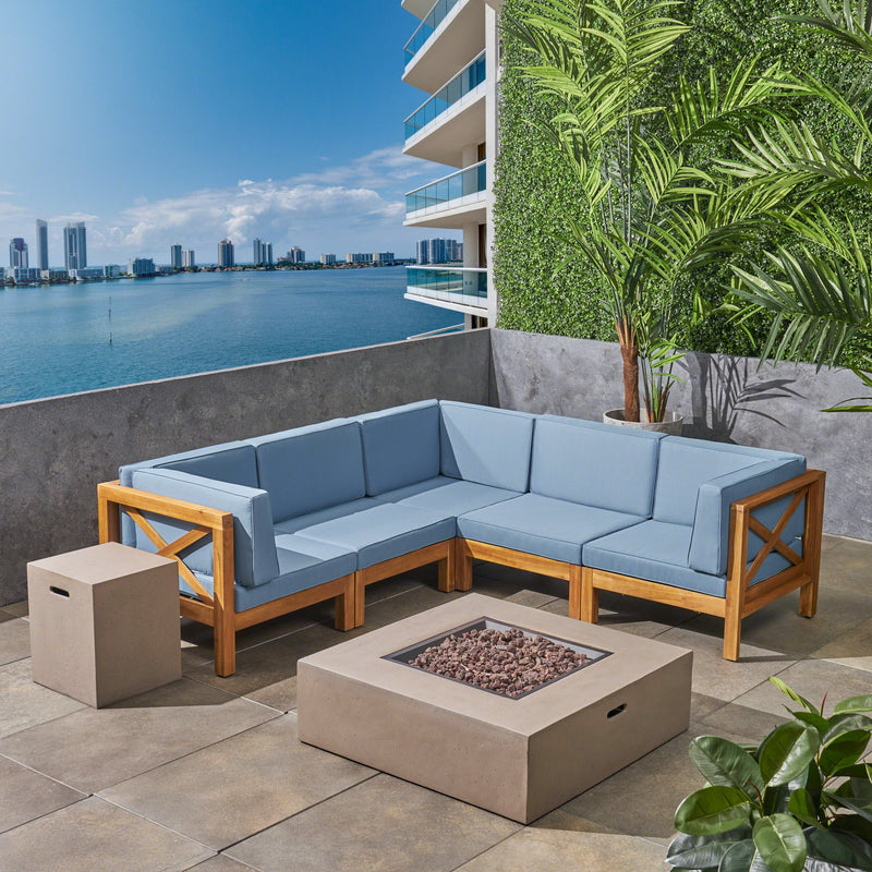Outdoor Acacia Wood 7-Piece Sectional Sofa Set with Fire Pit - NH917603