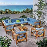 Outdoor 11 Seater Acacia Wood Sectional Sofa and Club Chair Set - NH044803