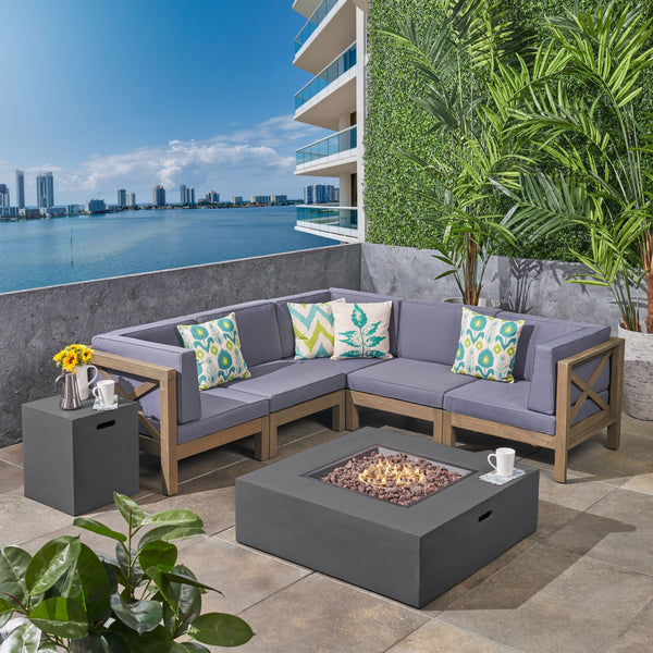 Outdoor Acacia Wood 5 Seater Sectional Sofa Set with Fire Pit - NH027603