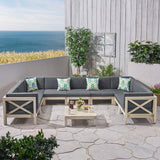 Outdoor 9 Seater Acacia Wood Sectional Sofa Set, Weathered Finish and Dark Gray - NH844803