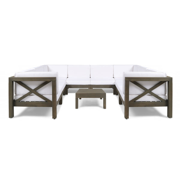 Outdoor Acacia Wood 10 Seater U-Shaped Sectional Sofa Set with Two Coffee Tables - NH567603