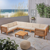 Outdoor U-Shaped Sectional Sofa Set with Coffee Table - 9-Piece 8-Seater - Acacia Wood - Outdoor Cushions - NH090703