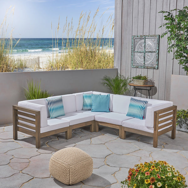 Outdoor V-Shaped Sectional Sofa Set - 5-Seater - Acacia Wood - Outdoor Cushions - NH460703