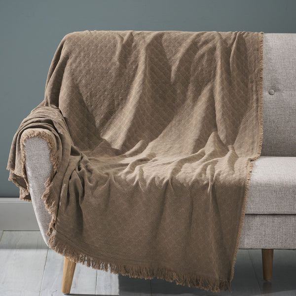 Contemporary Cotton Throw Blanket with Fringes, Brown - NH993903