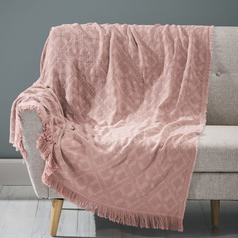 Contemporary Cotton Throw Blanket with Fringes, Dusty Pink - NH793903