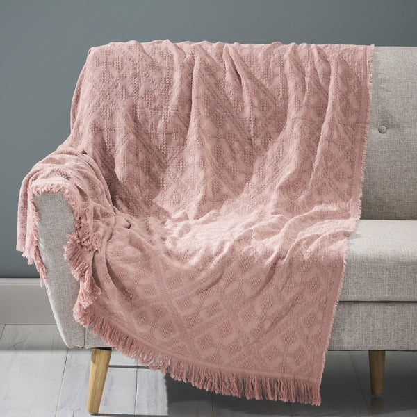 Contemporary Cotton Throw Blanket with Fringes, Dusty Pink - NH793903