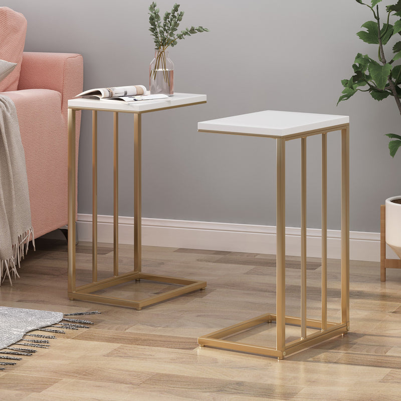 Modern Glam C Side Table, Set of 2, White and Champagne Gold - NH746703