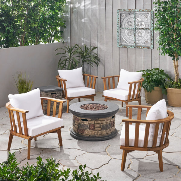 Outdoor Acacia Wood 4 Seater Club Chairs and Fire Pit Set - NH026903