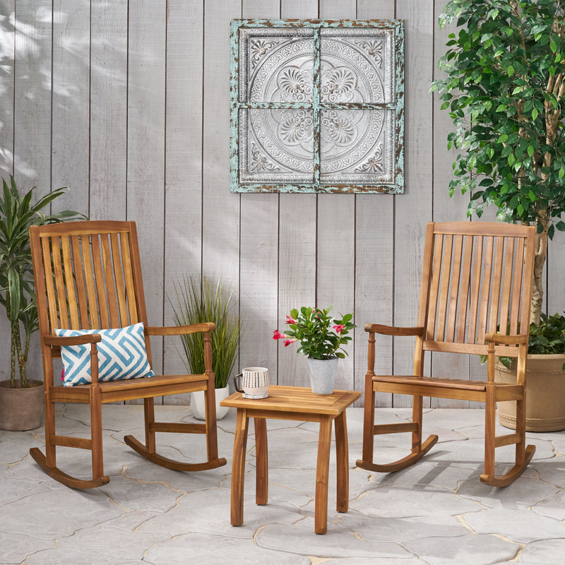 Outdoor 2 Seater Acacia Wood Rocking Chairs and Side Table Set - NH607903