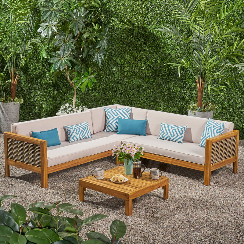 Outdoor Wood and Wicker 5 Seater Sectional Sofa and Coffee Table Set - NH325903