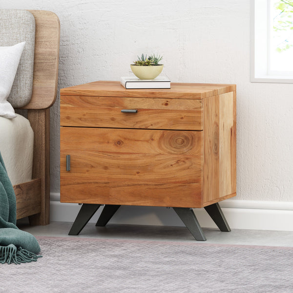 Mid-Century Industrial Acacia Wood Side Table - NH397013