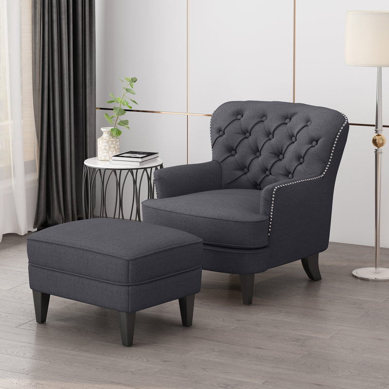 Contemporary Tufted Fabric Club Chair and Ottoman Set - NH569113