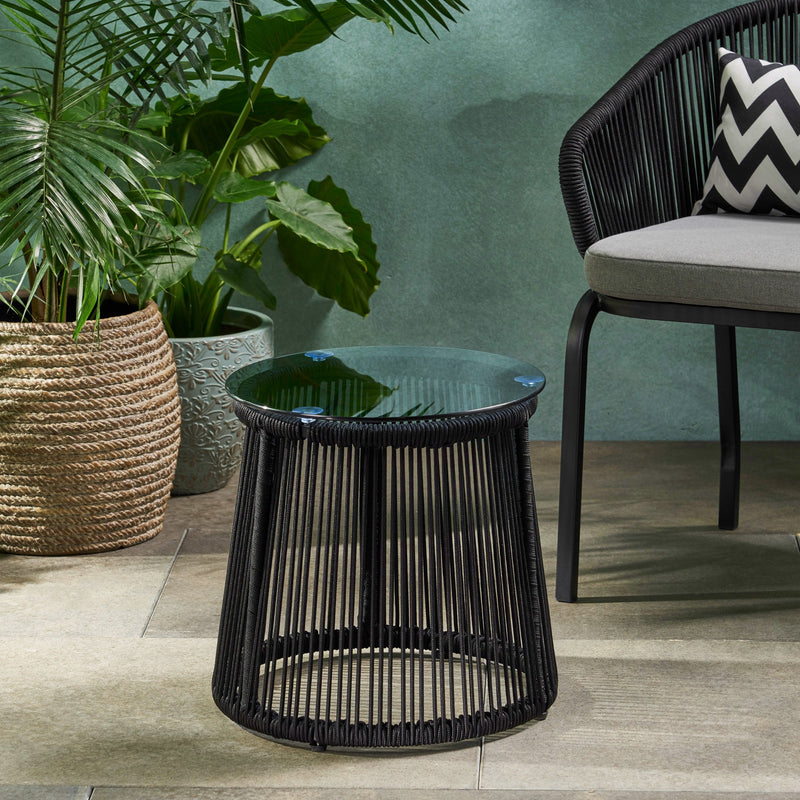 Modern Outdoor Rope Weave Side Table with Tempered Glass Top - NH912113